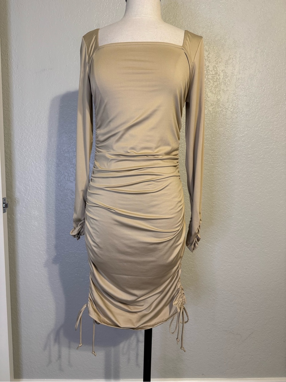 Fashion Nova Beige Long-Sleeve Ruched Square-Neck Bodycon Dress
